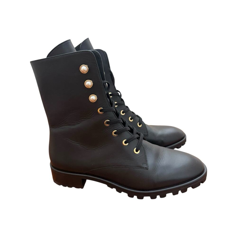 Stuart Weitzman Laine Pearl Leather Combat Boot In Black Size 8 - Picture 2 of 13